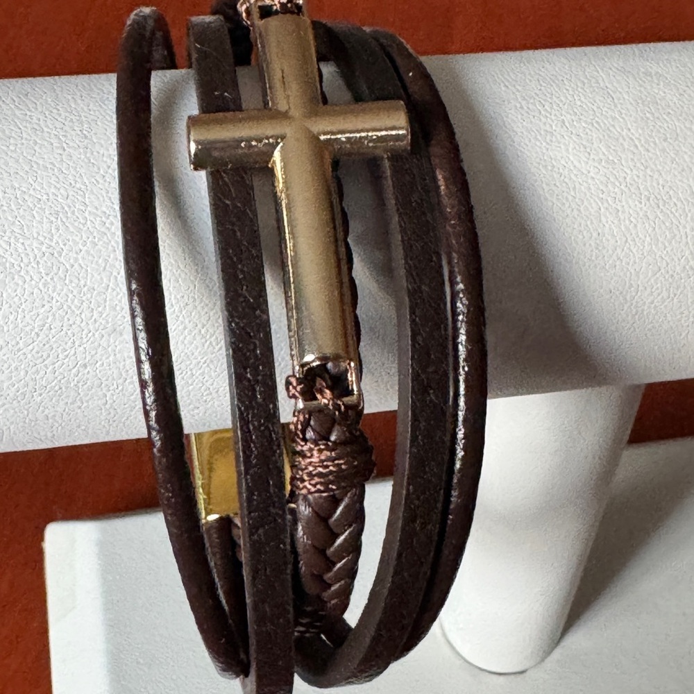Brown Faux Leather Multi-Strand Cross Bracelet with Magnetic Closure